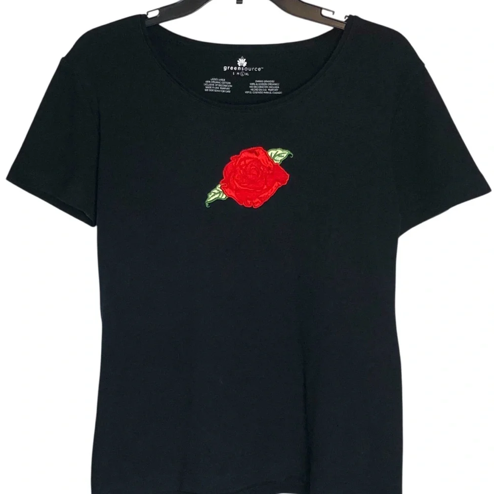 Greensource 100% Organic Cotton Black Stretch T-shirt w/ Rose Women’s Size L - Picture 2 of 6